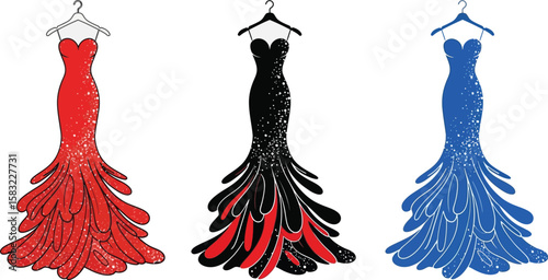 Three elegant dresses in red, black, and blue hang gracefully on hangers.