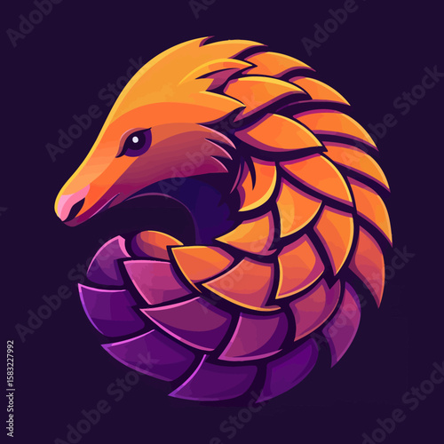 Stylized illustration of a pangolin curled into a protective ball, showcasing vibrant colors.
