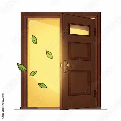 Open door with falling leaves in autumn