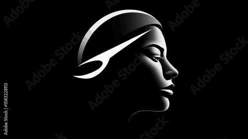 Serene woman's profile, stylized, black and white, minimalist design, sleek lines.