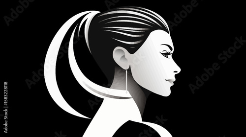 Elegant black and white illustration of a woman's profile with her hair styled in a ponytail.