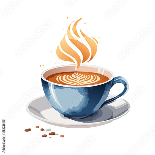 Coffee Cup Clip Art - Steaming cappuccino cup displays coffee art on a saucer