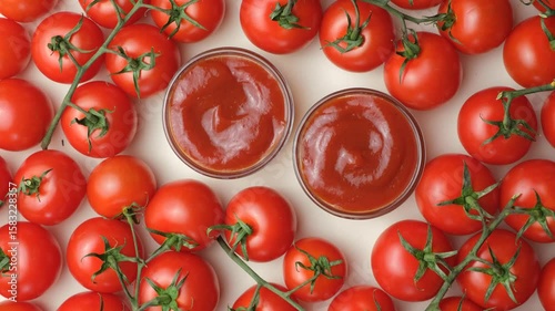 Natural Ketchup in Sauce Dishes with Organic Tomatoes Around.