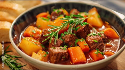 Hearty beef stew with vegetables served alongside freshly baked bread in a cozy kitchen setting