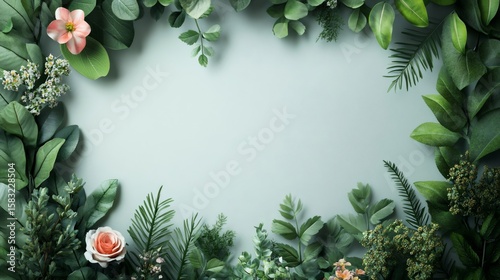 Green leaves and flowers creating a frame on light green background