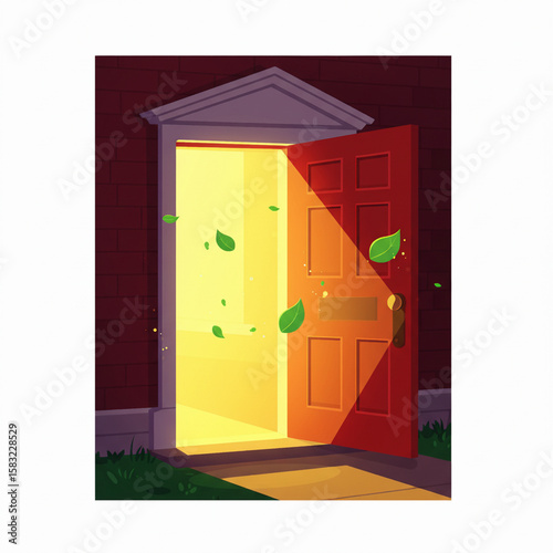 Warm open door with falling leaves
