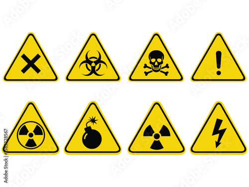 "Set of Yellow Triangle Hazard Warning Signs – Radiation, Biohazard, Electric Shock, Explosive, Toxic, and General Danger Symbols"

