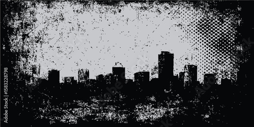 Grunge urban cityscape silhouette illustration with towering black skyscrapers against the night sky