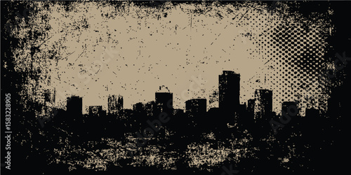 Grunge urban skyline silhouette with city buildings and a dramatic sky