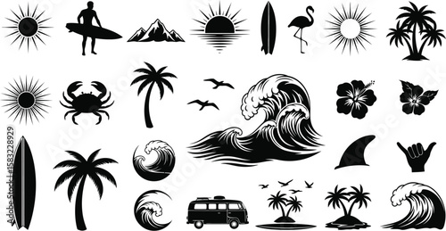 Collection of surfing and summer themed design elements in black