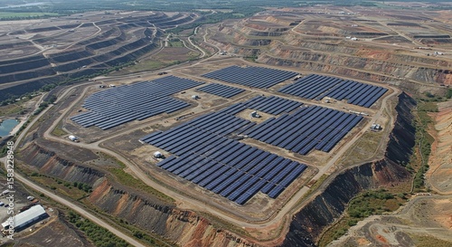 Large Solar Power Plant with Multiple Solar Panel Arrays in Open Mining Area