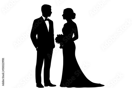 Silhouettes of a bride and groom facing each other on a white background