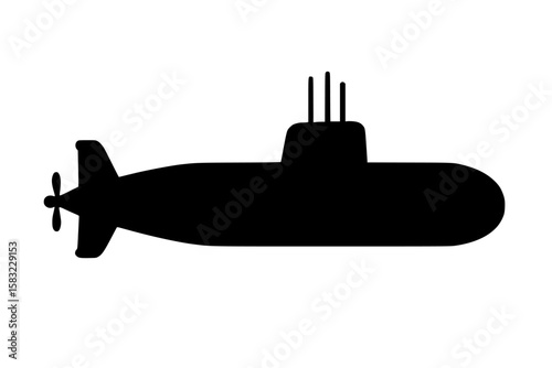 Silhouette of a submarine in black against a white background