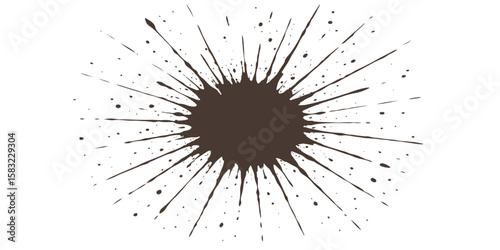 Black ink splatters form a grungy, artistic pattern with decorative drops and star-like elements