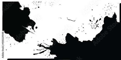 Black ink grunge paint splatter design with a dirty blot spot texture