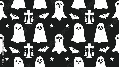 Seamless halloween pattern with ghosts bats stars and crosses on a dark black colored background design element