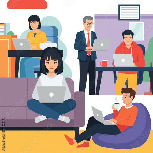 Flat Illustration People Working Remotely with Laptop on Sofa and Desk