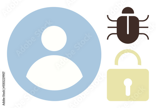 User avatar, bug icon, and closed lock convey themes of cybersecurity, identity protection, hacking, data privacy, malware fraud prevention. Ideal for security guides apps or policies. Simple flat