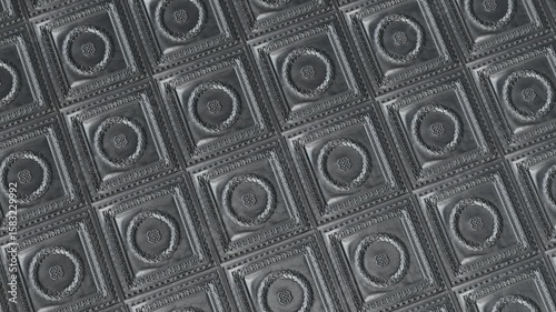 Looping embossed tile design with circular motifs in dark tone.