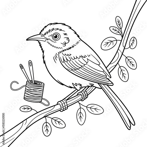 A beautiful line drawing of a tailorbird coloring page design