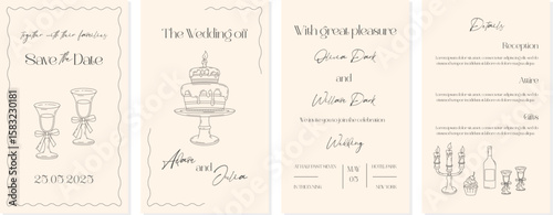 Elegant hand-drawn wedding invitation template in soft beige tones. Includes cake, wine glasses, candleholder, and text layout. Perfect for save the date, RSVP, or celebration cards.