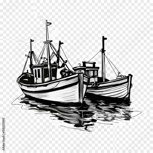 Old Fishing Boats Silhouetted on the Sea with Nautical Elements