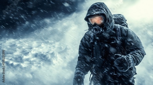 Scientist walking in blizzard wearing protective gear