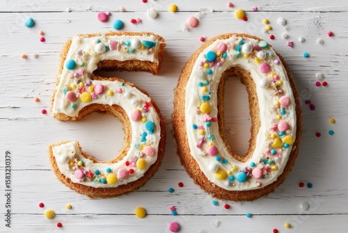 Celebrating a milestone birthday with a large cake shaped like the number fifty decorated with colorful sprinkles