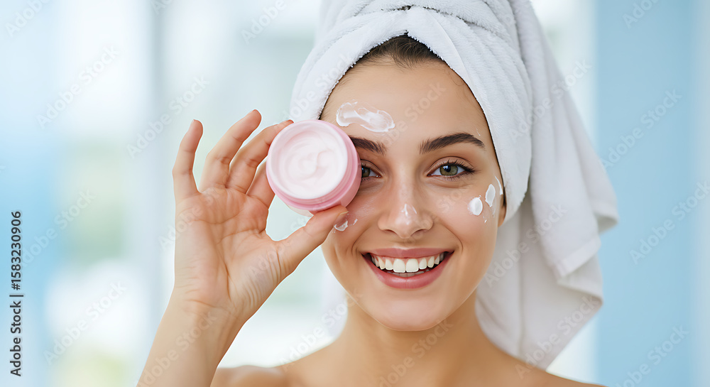 Fototapeta premium Young Woman Applying Moisturizer Cream
