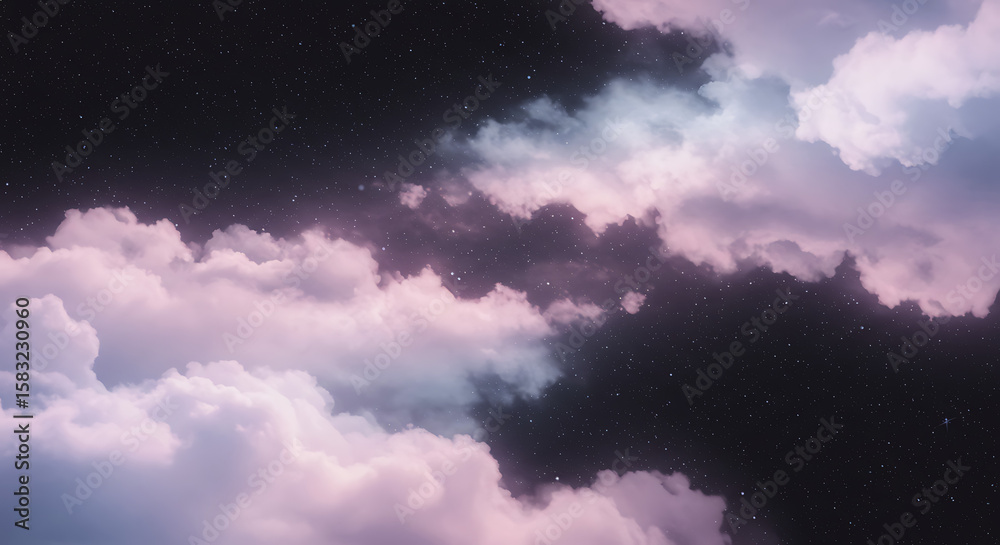 Obraz premium Abstract and surreal sky with dramatic, colorful clouds in shades of pink, purple, and dark grey, creating a dreamy or moody atmospheric background. 
