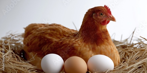 Brown hen nesting with brown and white eggs on straw bedding