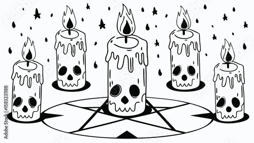 Five skull candles with flames above a pentagram surrounded by stars and teardrop shapes