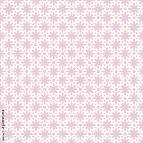 Vector seamless pattern in ethnic folk style. Simple floral geometric ornament. Vintage background texture with grid, lattice, flower silhouettes. Cute pink repeated geo design for textile, linens