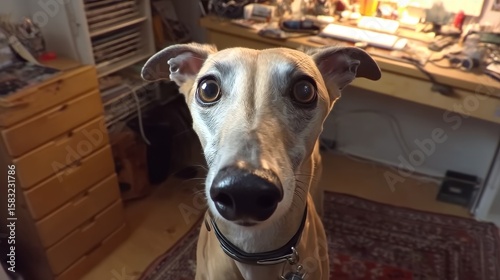 Elegant Greyhound's Gaze: A captivating close-up captures the soulful eyes and sleek features of an elegant greyhound, revealing a gentle, friendly temperament in a cozy indoor setting.