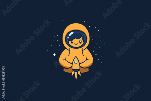 Cartoon astronaut in a yellow spacesuit holding a small rocket against a dark blue starry background.