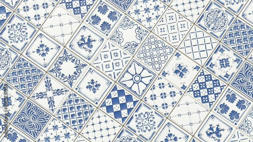 Patchwork of blue and white decorative ceramic tile patterns.