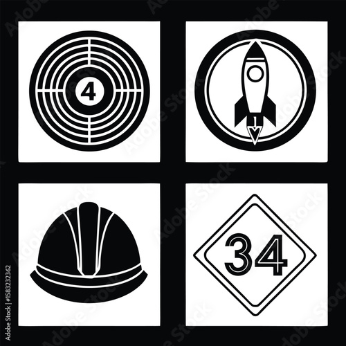 Black and white icons of target rocket hard hat and number 34 sign bullseye number 4