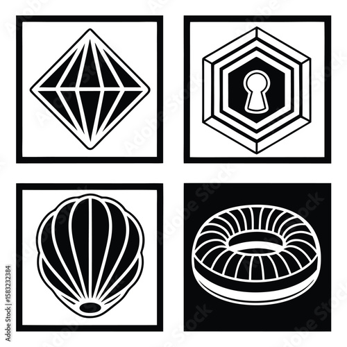 Black and white vector icons diamond keyhole shell and torus crystal jewel