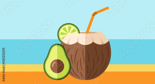 Tropical Coconut Drink with Lime and Avocado Beach