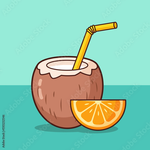 Refreshing Coconut Drink with Straw and Orange Slice