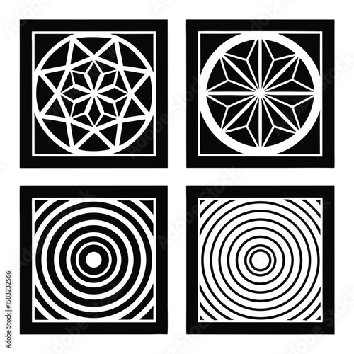 Four black and white geometric graphic designs with circular and radial patterns vector