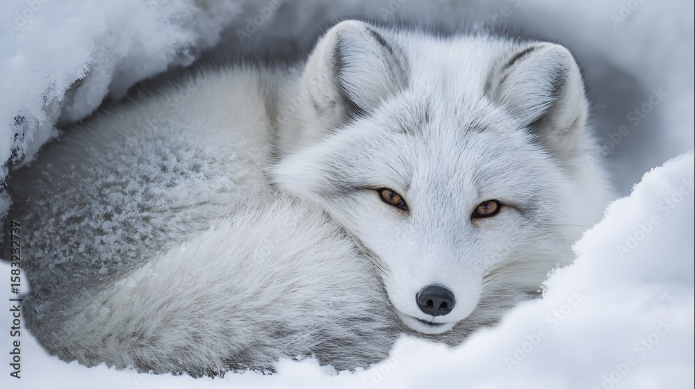 Obraz premium Arctic fox in snow: A majestic arctic fox, with its pure white fur, finds solace in a snowy den, exuding an air of serene tranquility and resilience against the backdrop of a harsh winter environment.