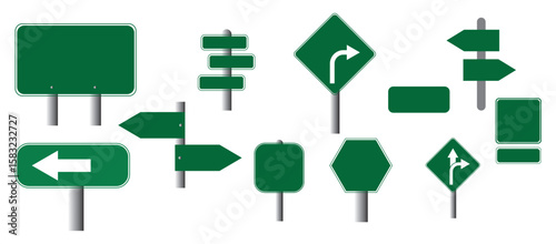 Highway signs. Green road sign with arrow. Green pointers on the road, traffic control signs and road direction signboards. Road street board sign vector isolated.