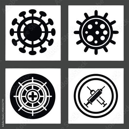 Four black and white icons representing virus and vaccination coronavirus covid 19