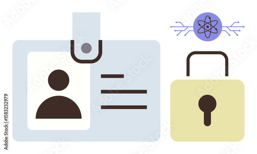 ID card with photo and personal details alongside a padlock and an atom icon symbolizing security. Ideal for data protection, cybersecurity, identity verification, privacy, authentication, access