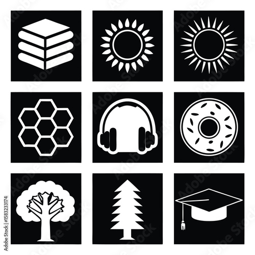 Nine white icons on black background including books sun headphones tree graduation cap