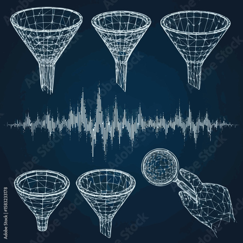 Create a kinds of deferent Abstract funnel with data stream and hand with magnifying on dark blue background. Digital internet wave or flow. Low poly wireframe vector set with white background.