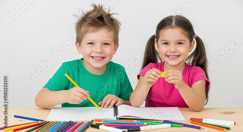 Smiling kids drawing together at a table with colorful art supplies