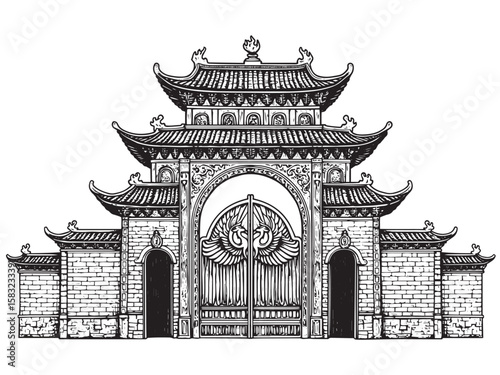 Phoenix mythological fire temple with arched carvings and blazing rooftop detail in engraved style