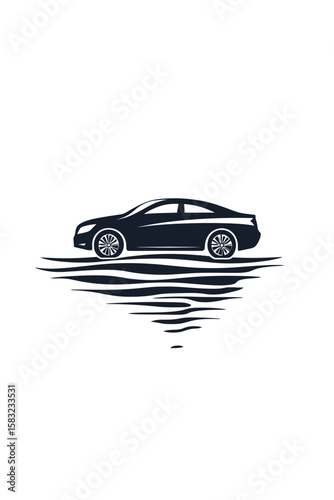 Sleek sedan reflected in calm water, minimalist design.